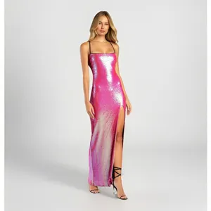 Lulus NWT Glam Diva Iridescent Hot Pink Sequin Lace-Up Maxi Dress Size Xs thumbnail 2