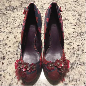 Tory Burch Floral Satin Elmira Wedge Heels‎ Red Navy Flower Embellished Size 7M thumbnail 5