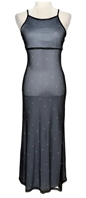 Vtg 90s Mesh Overlay Column Maxi Empire Waist Dress 7/8 Fairy Grunge Whimsigoth thumbnail 1