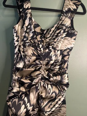 London Times Womens 6 Midi Dress Ruched Draped Abstract Feather Cocktail Y2K thumbnail 7