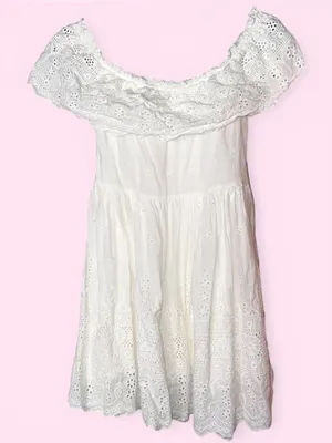 Lulus - White Eyelet Off Shoulder Babydoll Mini Dress Boho Cottagecore - Size XL thumbnail 2
