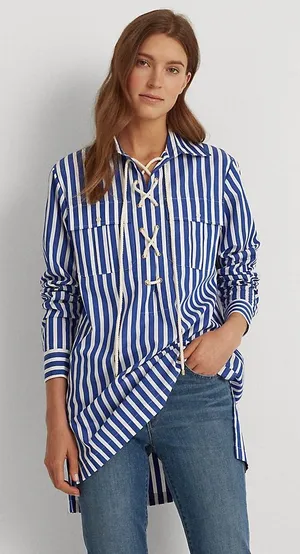 Lauren Ralph Lauren Tunic Women S Blue White Striped Lace Up Nautical Coastal‎ thumbnail 1