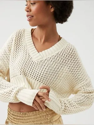 Aerie Offline Open Knit Crochet V-neck Cropped Sweater in Cream thumbnail 1