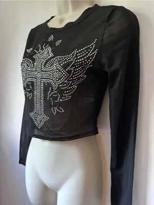 Black Mesh Long-Sleeve Crop Top with Rhinestone Cross thumbnail 3
