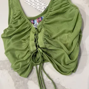 Urban Outfitters NWT Ruched Lace Up Cropped Sheer Tank Top Women’s Medium Green thumbnail 7