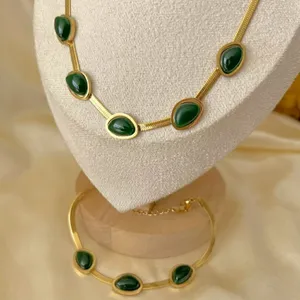 18K Gold Plated Emerald green snake Necklace SET Stainless Steel womens jewelry thumbnail 4