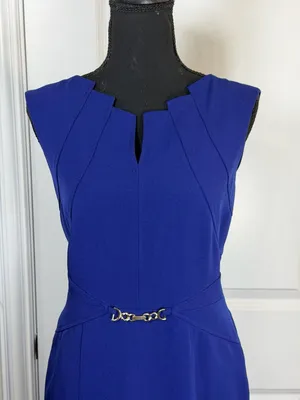 Ellen Tracy Royal Blue Notched Neck Sheath Dress w/ Horsebit Waist Detail Size 4 thumbnail 3