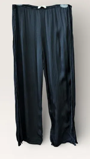 Stark X Anthropologie Black Satin Pants Pull On Size Large Wide Leg Slit Hem thumbnail 1