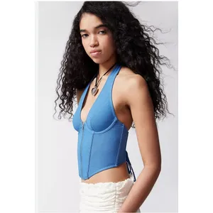 Urban Outfitters Out From Under‎ Hot Stuff Denim Halter Corset Top Blue Sz S thumbnail 2