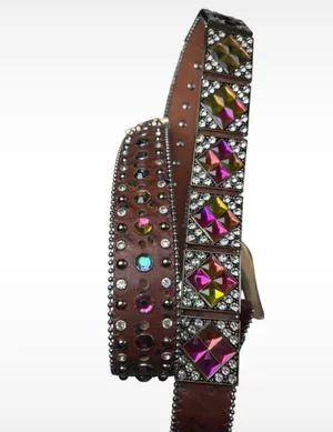 West Star Texas Brown Leather Rhinestone Belt Chameleon Crystals Y2K Cowboy Core 41 inches thumbnail 4