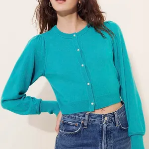 Free People Cashmere Teal Pearl Button-Up Cardigan Sweater thumbnail 1