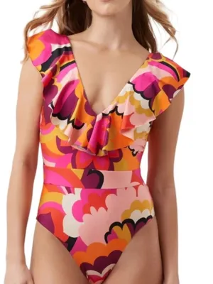 Trina Turk Fan Faire Ruffle Plunge One Piece Swimsuit, Pink/Orange, size 12, NWT thumbnail 1
