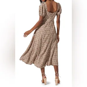 ASTR Lace Up Puff Sleeve Midi Dress in Brown Floral Size Small NWT thumbnail 8