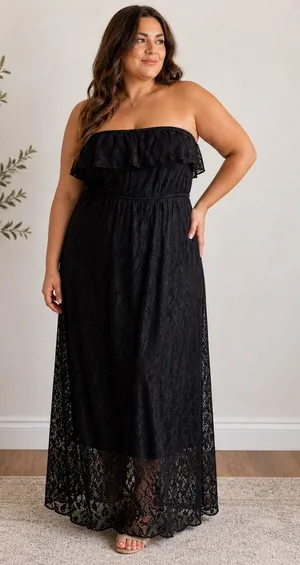 Trixxi Black Lace Strapless Maxi Dress Sz 2X Ruffle Top Sheer Overlay thumbnail 1
