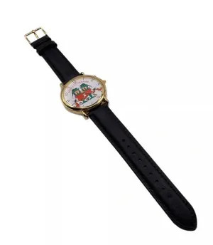 Vintage Christmas Watch Gold Tone Genuine Leather Band Holiday Elves New Battery thumbnail 9