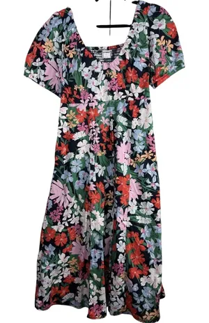 Old Navy Blue Floral‎ Puff Sleeve Smocked Back Midi Dress Pockets Medium Cottage thumbnail 1