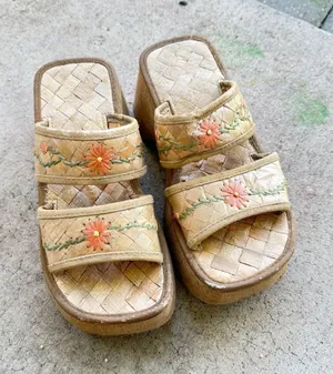 Handmade Woven Tan Sandals with Flower Embroidery thumbnail 1