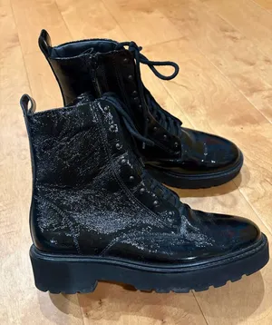 Paul Green black crinkled patent leather combat boots sz 7.5 (UK5) thumbnail 1