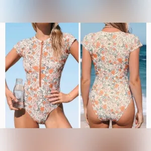 Cupshe Swimsuit Small Cap Sleeve Orange Floral One Piece Swim Bathing Sz… thumbnail 2