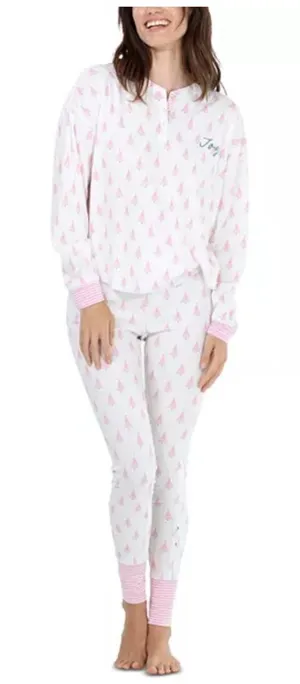 Honeydew Pink Christmas Tree Cuddle Crew Pajama Set Medium NEW thumbnail 1