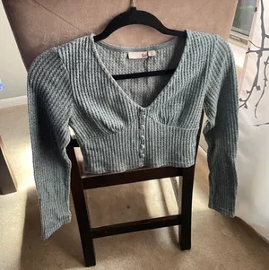 SO Light Blue Ribbed V-Neck Cropped Sweater thumbnail 1