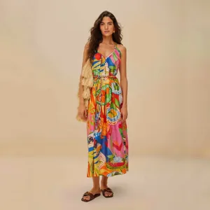 Farm Rio Summer Picnic Midi Dress Small Belted Cotton Sleeveless Tropical thumbnail 4