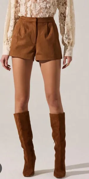ASTR the Label Cognac Brown Faux Suede High Waisted Pleated Shorts Large NEW‎ thumbnail 1