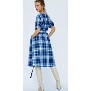 ZARA‎ Blue Plaid Taffeta Dress Belted Tie Waist Midi Buttondown Preppy Small thumbnail 9