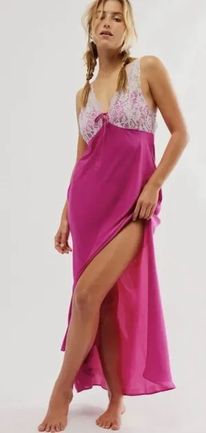 Free People Countryside Lace-Trim Maxi Satin Slip Dress NWT $118 S thumbnail 1