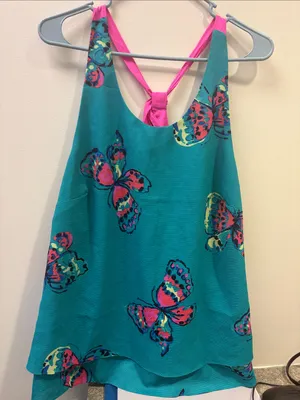 Lilly Pulitzer Teal Butterfly Print Tank with Pink Tie Back thumbnail 1