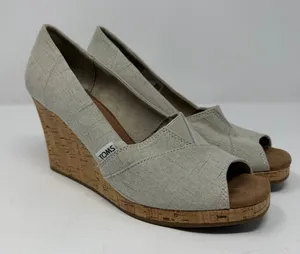 TOMS Canvas Peep Toe Wedge Sandal Oatmeal Natural Cork Heel Women Size 9 thumbnail 1