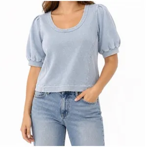 Aerie Seams Right Puff Sleeve Crop Top Medium Heather Gray Grey Athleisure thumbnail 3