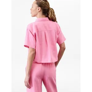 Athleta Retreat Linen Short Sleeve Shirt in vibrant pink size Small MSRP $89 thumbnail 2