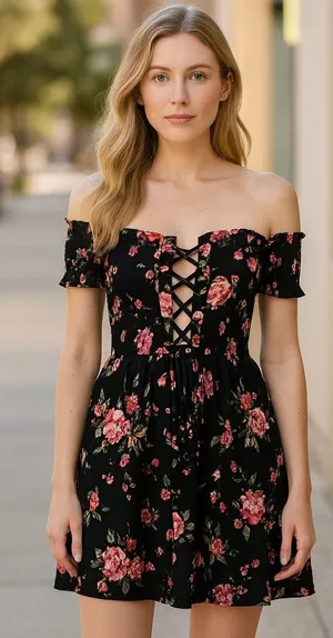 Black Floral Off Shoulder Lace Up Mini Dress Ruched Stretchy Size Small thumbnail 1