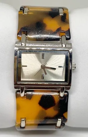 Folio women’s watch 28mm silver tone tortoise shell acrylic link 6” running thumbnail 1