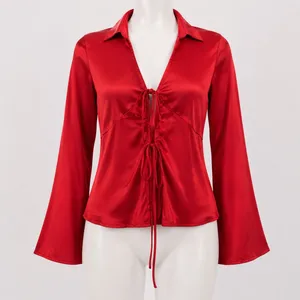 A New Day Womens Red Satin Tie-Up Front Long Sleeve Blouse Top Red Size M New thumbnail 1
