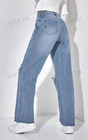 High Waisted Ripped Straight Leg Jeans thumbnail 3