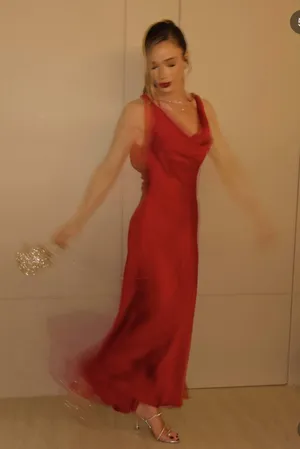 Zara Elegant Red Satin Long Dress Evening Party Gown thumbnail 1