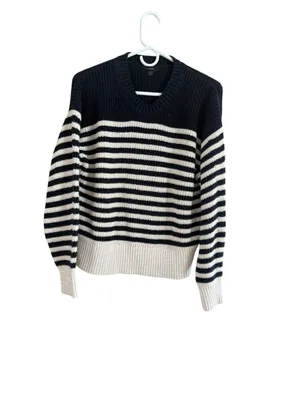 Women's J.Crew Striped V-Neck Sweater, Size M, Black and Beige thumbnail 8
