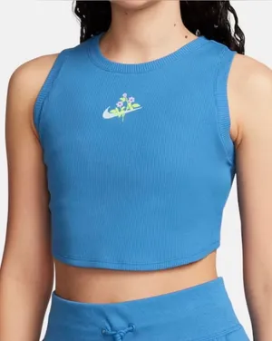 Nike Women's Sportswear Essential Cropped Ribbed Tank Blue Size XS NEW thumbnail 1