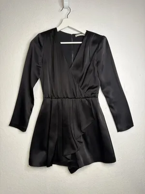 Alice + Olivia Demo Long Sleeve Satin Romper with Ruffle Detail thumbnail 4