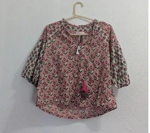 New THML Vintage Floral Patchwork Fringed Lace-Up Blouse XS shirt thumbnail 1