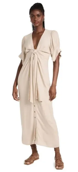 Free People Vintage Summer Midi Dress Stone Cold Beige V-Neck Tie-Front Small thumbnail 1