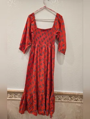 Red Floral Cotton Linen Dress S thumbnail 5
