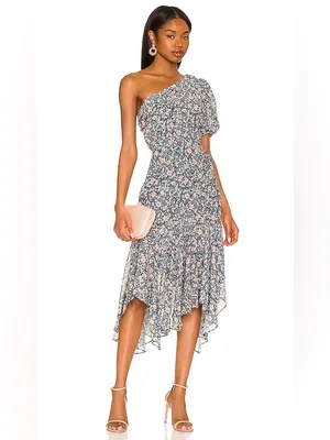 ASTR Santorini One Shouler Midi Dress Medium Blue Floral Wedding Guest Romantic thumbnail 4