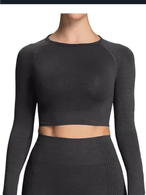 NWOT Amazon Aoxjox Long Sleeve Cropped Workout Top with Thumbholes - Black Marl thumbnail 1
