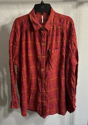 Free People Red Plaid Button-Down Shirt thumbnail 1