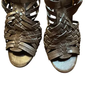Tory Burch Shoes Womens Size 7.5M‎ Brown Leather Woven High Heel Sandals Strappy thumbnail 3