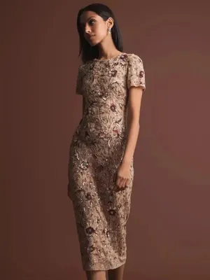 NWT MAC DUGGAL 10102 Beige Floral Embellished Short Sleeve Midi Dress Size 4 thumbnail 5
