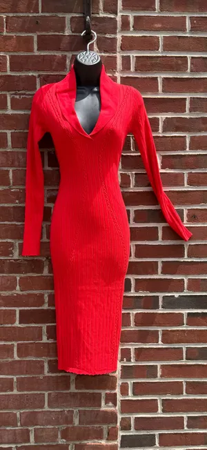 Red Ribbed Sweater Knit Bodycon Midi Dress Shawl Collar Long Sleeve Stretch thumbnail 3